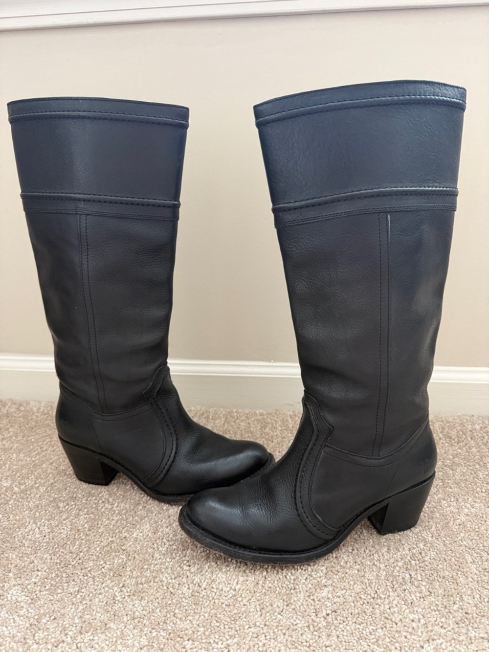 Frye Jane Stitch Tall Black Leather Heeled Boots